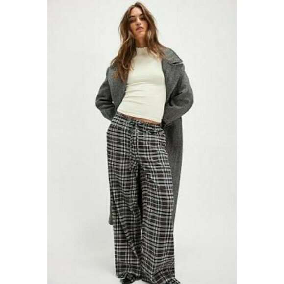 NEW FREE PEOPLE HUDSON CANYON CHARCOAL COMBO SLOUCHY PLAID COTTON PANTS MEDIUM - Picture 2 of 12